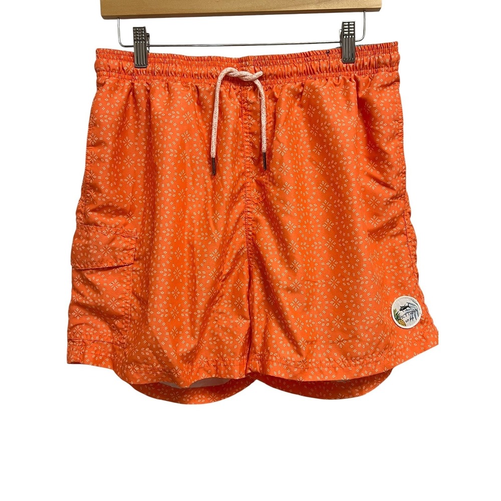 Spicy Tuna Swim Trunks Mens XL Orange Geometric Print Cargo Pocket *Runs Small